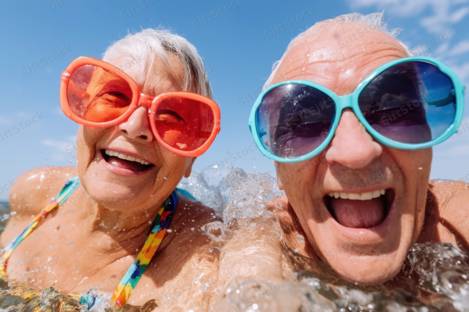 Elderly couple laughing in water at beach wearing colorful sunglasses