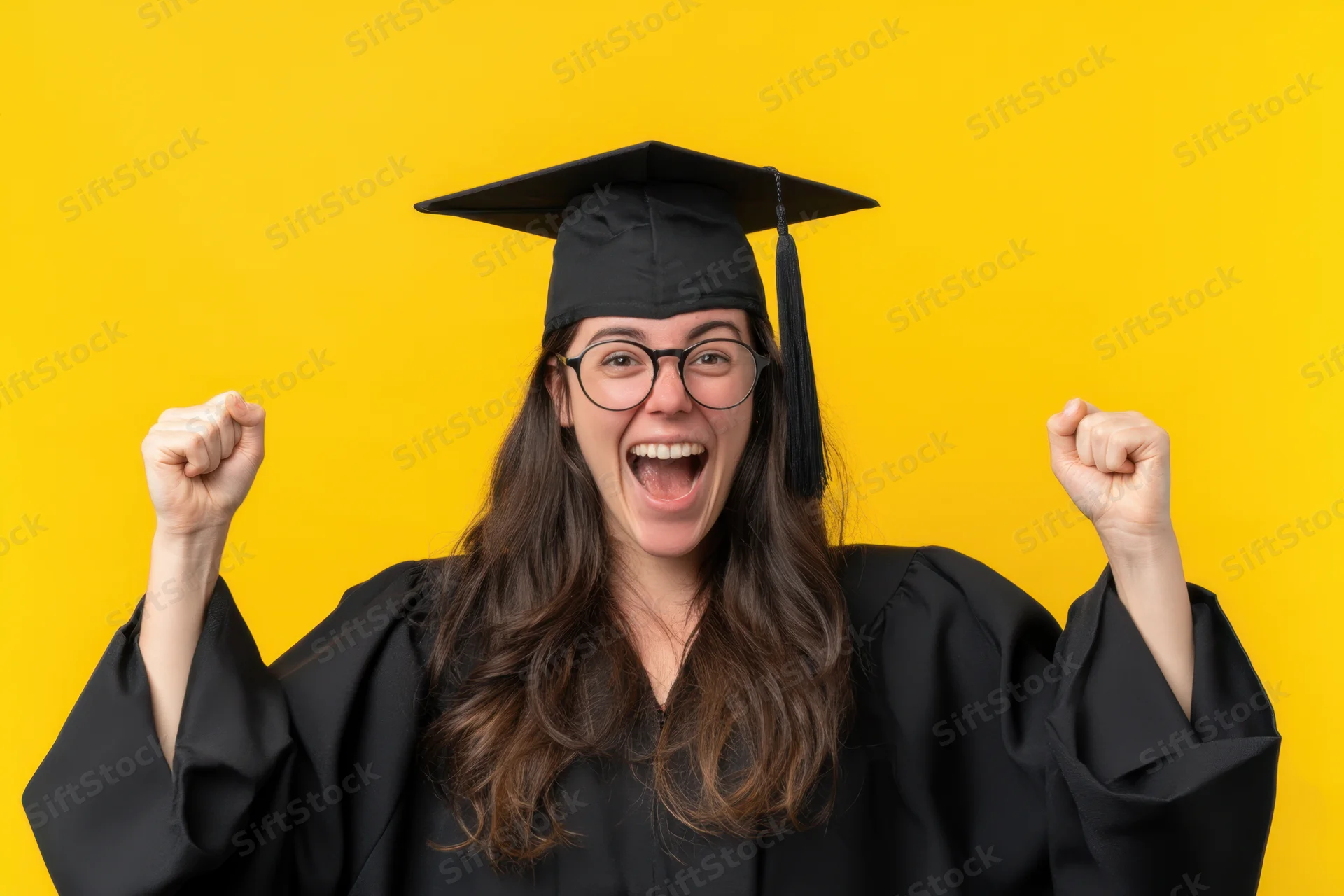Joyful graduate in black cap and gown celebrating with fists raised against yellow background