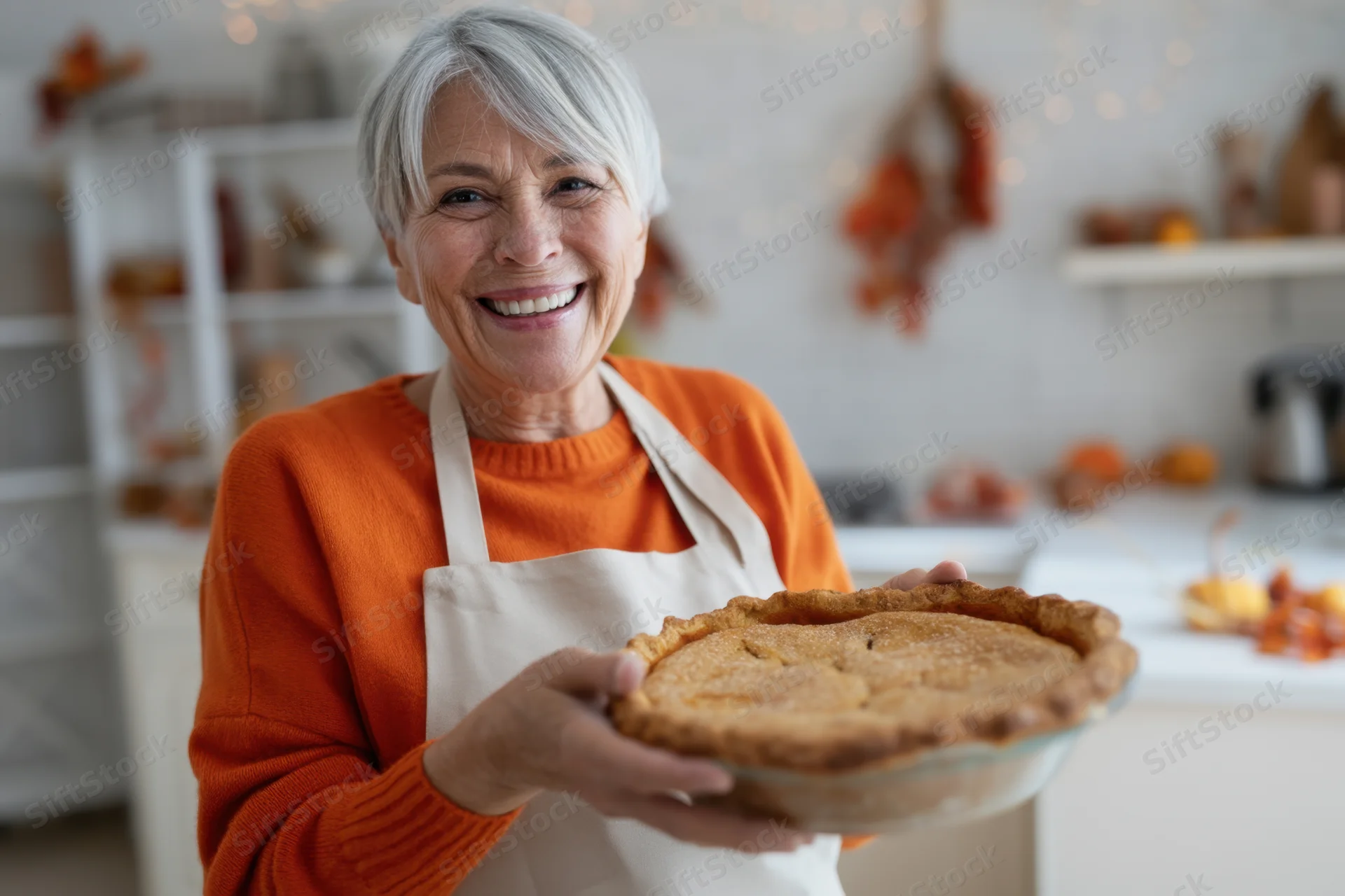 Senior woman smiling while holding a baked pie in a kitchen decorated for autumn