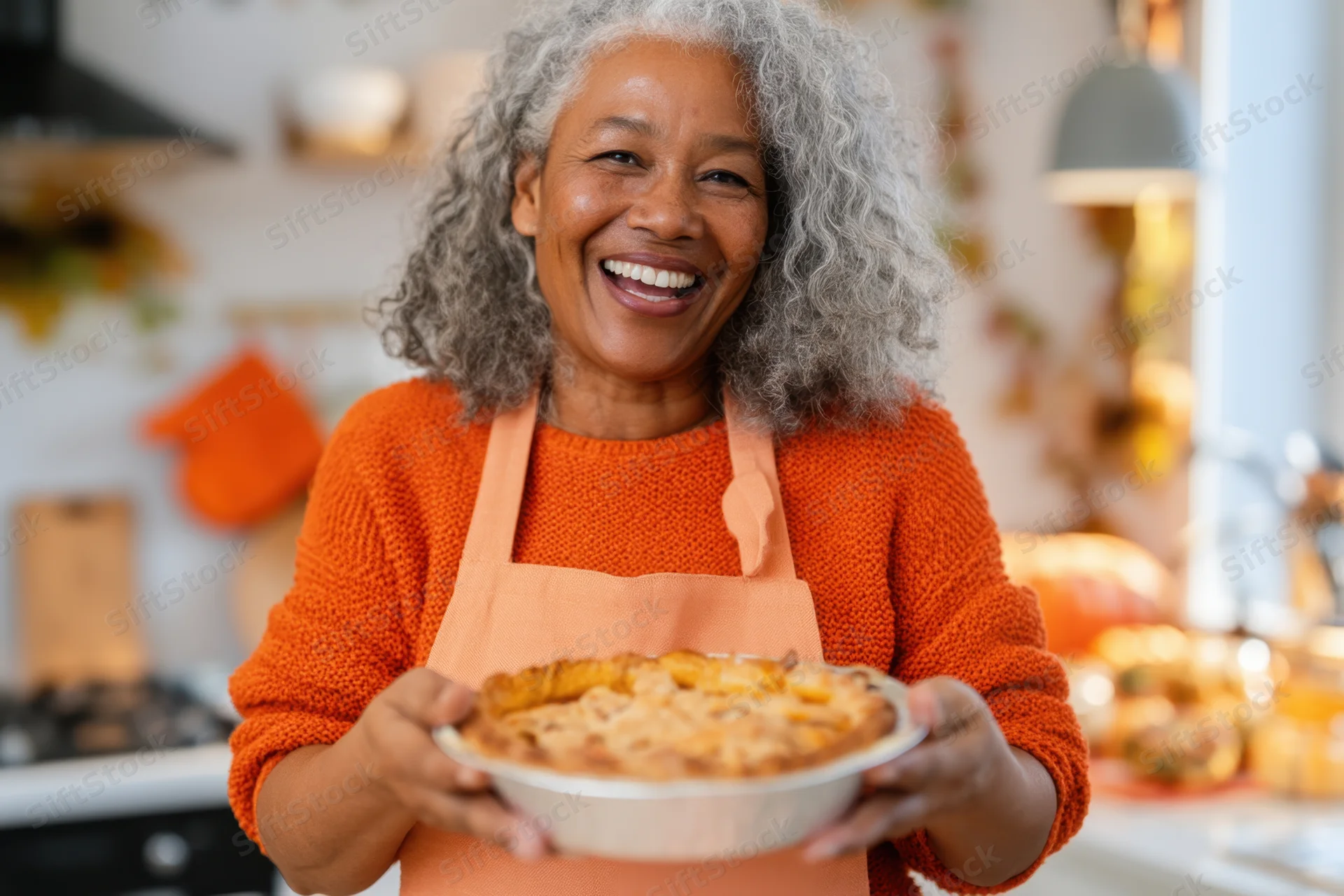 Senior woman laughing while holding a baked apple pie in a kitchen