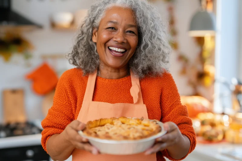 Senior woman laughing while holding a baked apple pie in a kitchen