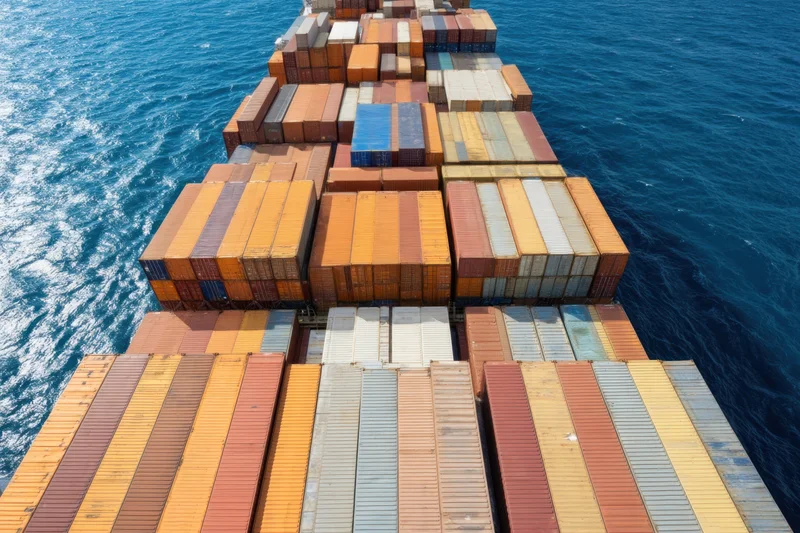 Overhead view of stacked cargo containers on a freight ship at sea
