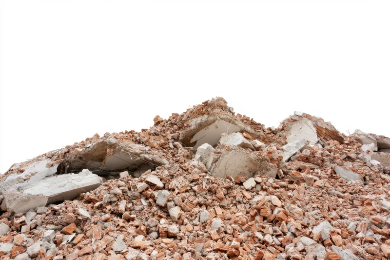 Pile of debris from a collapsed building with broken bricks and concrete fragments against a white background