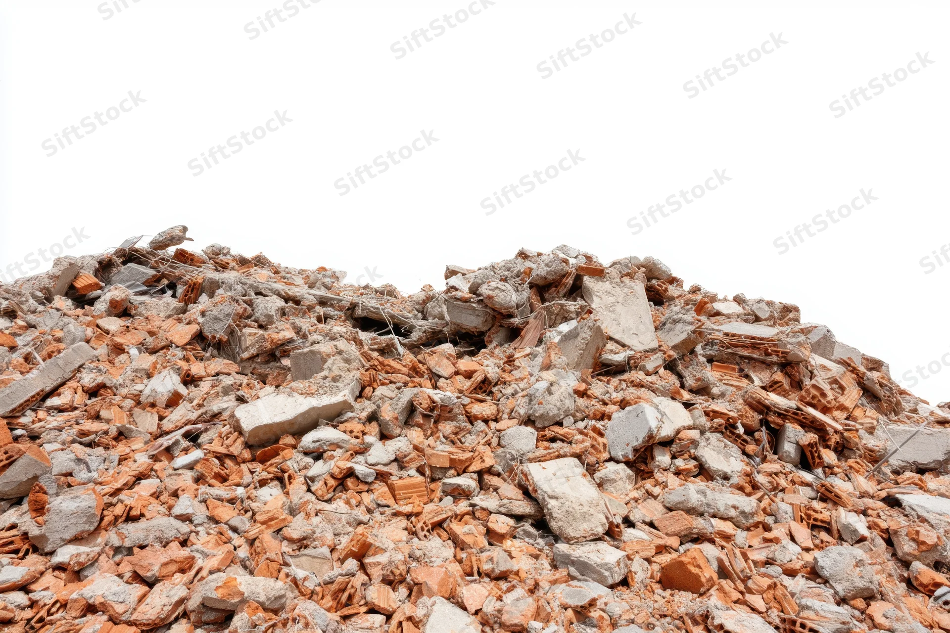 Pile of debris from a collapsed building showing broken bricks and concrete fragments against a white background