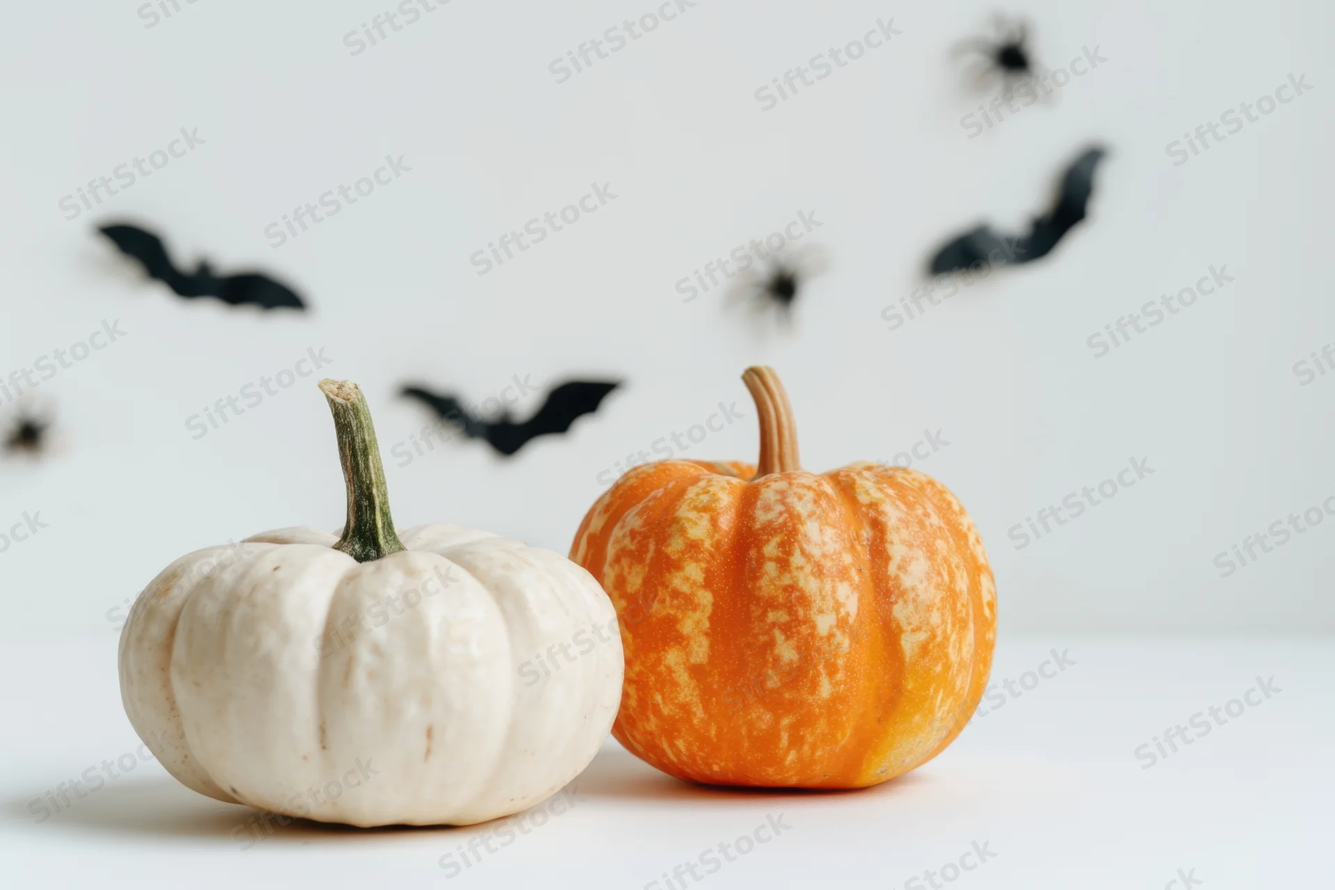 Two small pumpkins and flying bats arranged on a white surface for halloween decoration