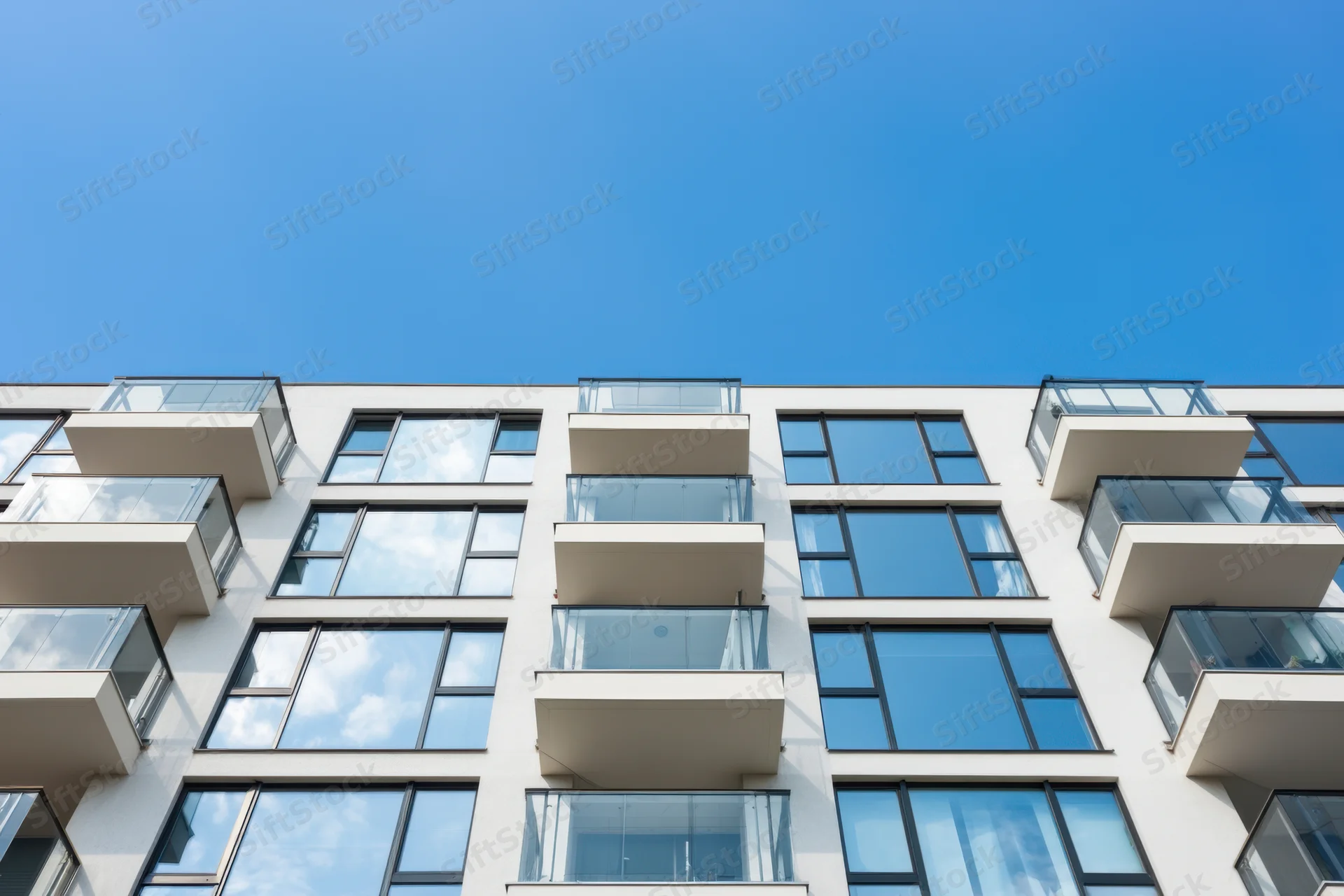 Modern apartment building facade with glass balconies and large windows under clear blue sky