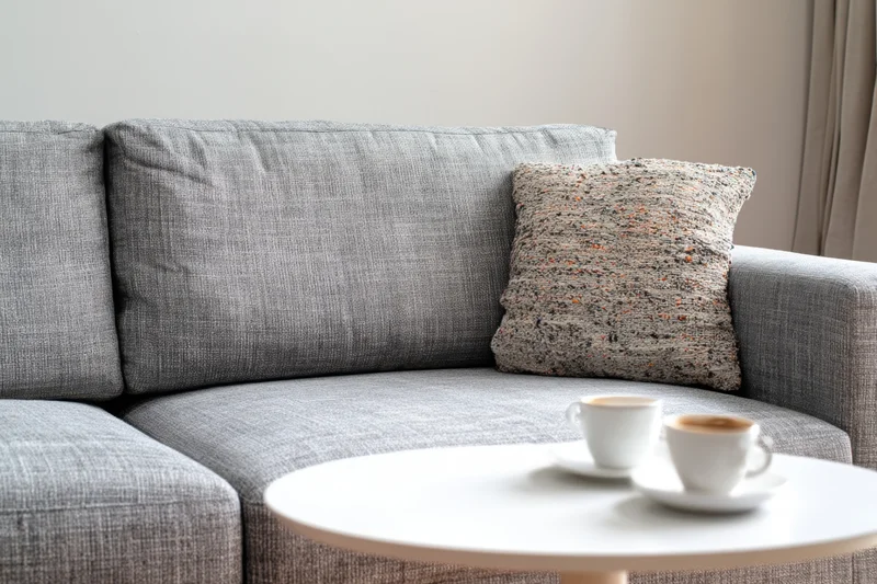 Gray modern sofa with decorative speckled pillow and coffee cups on round white table in living room