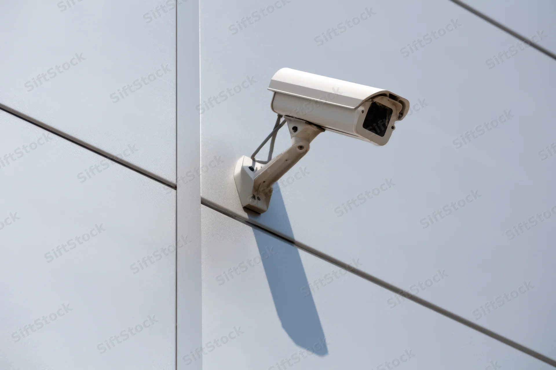 Surveillance camera mounted on a sleek silver building exterior wall