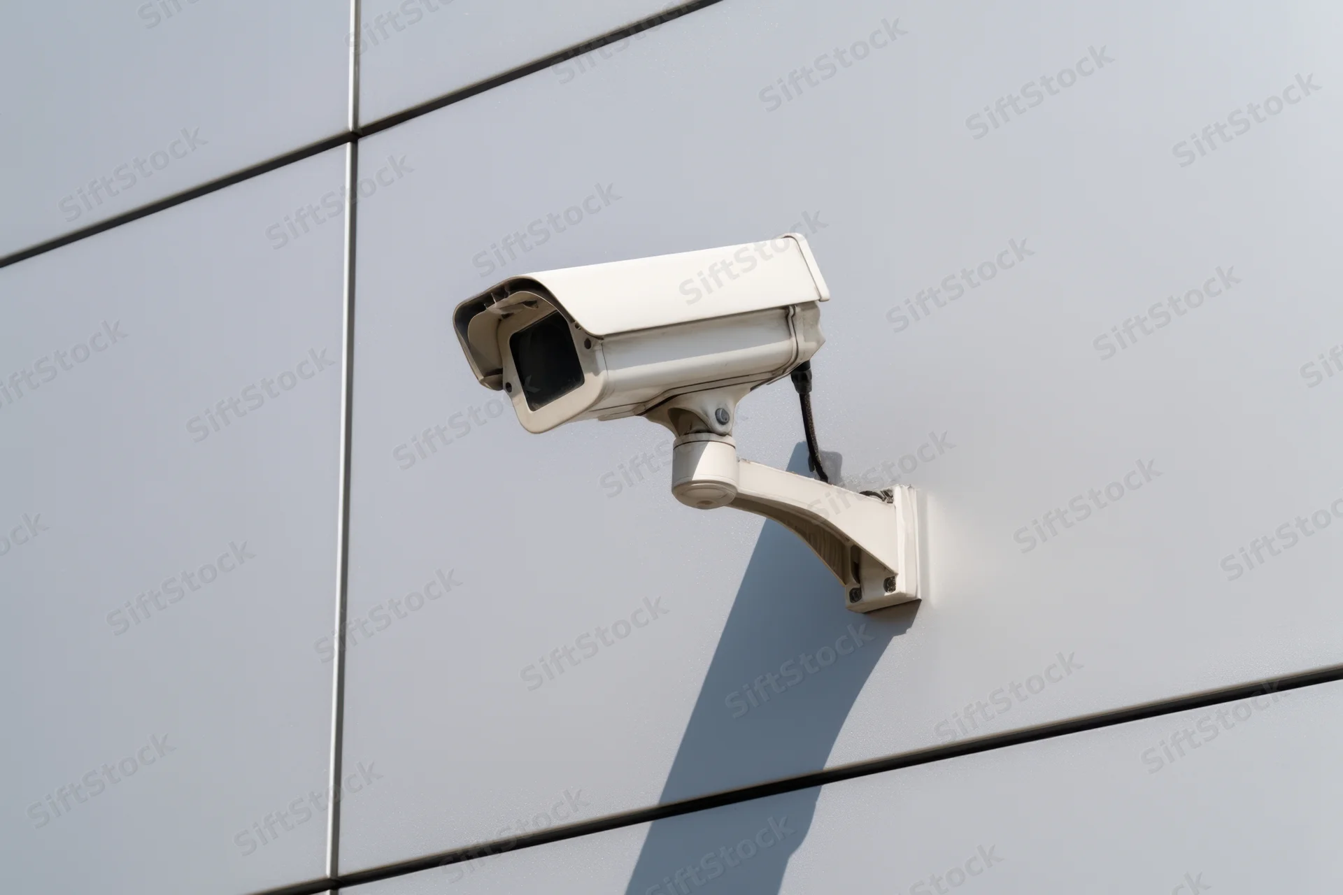 White surveillance camera mounted on a sleek silver building exterior wall