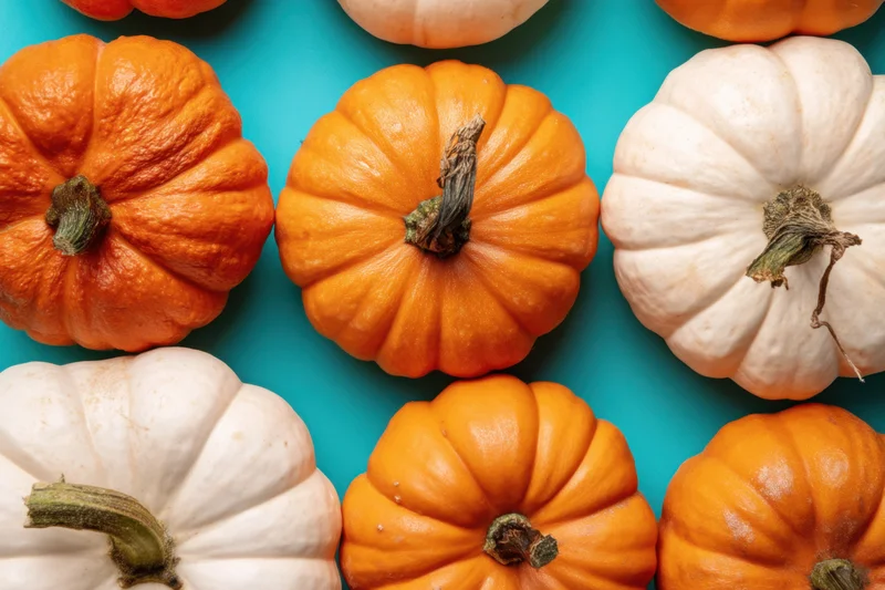 Pumpkins in orange and white arranged in neat rows on a teal background