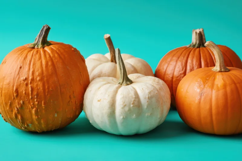 Row of orange and white pumpkins arranged on a teal background