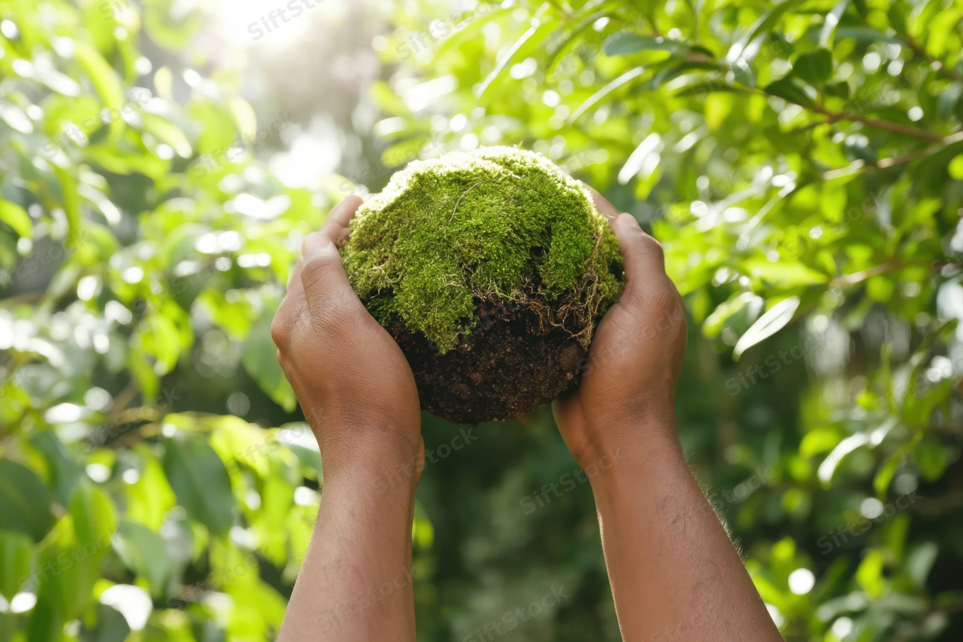 Hands cradling a moss-covered earth sphere outdoors among green foliage