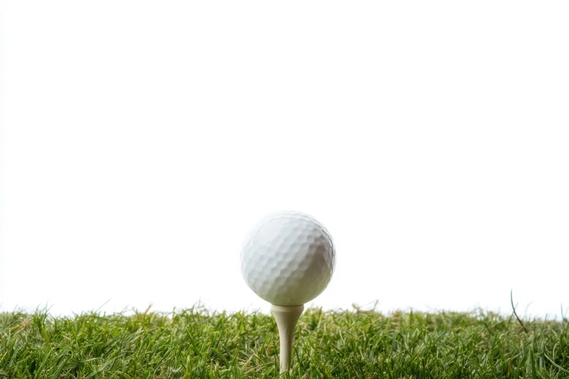 Golf ball on a tee in green grass against white background