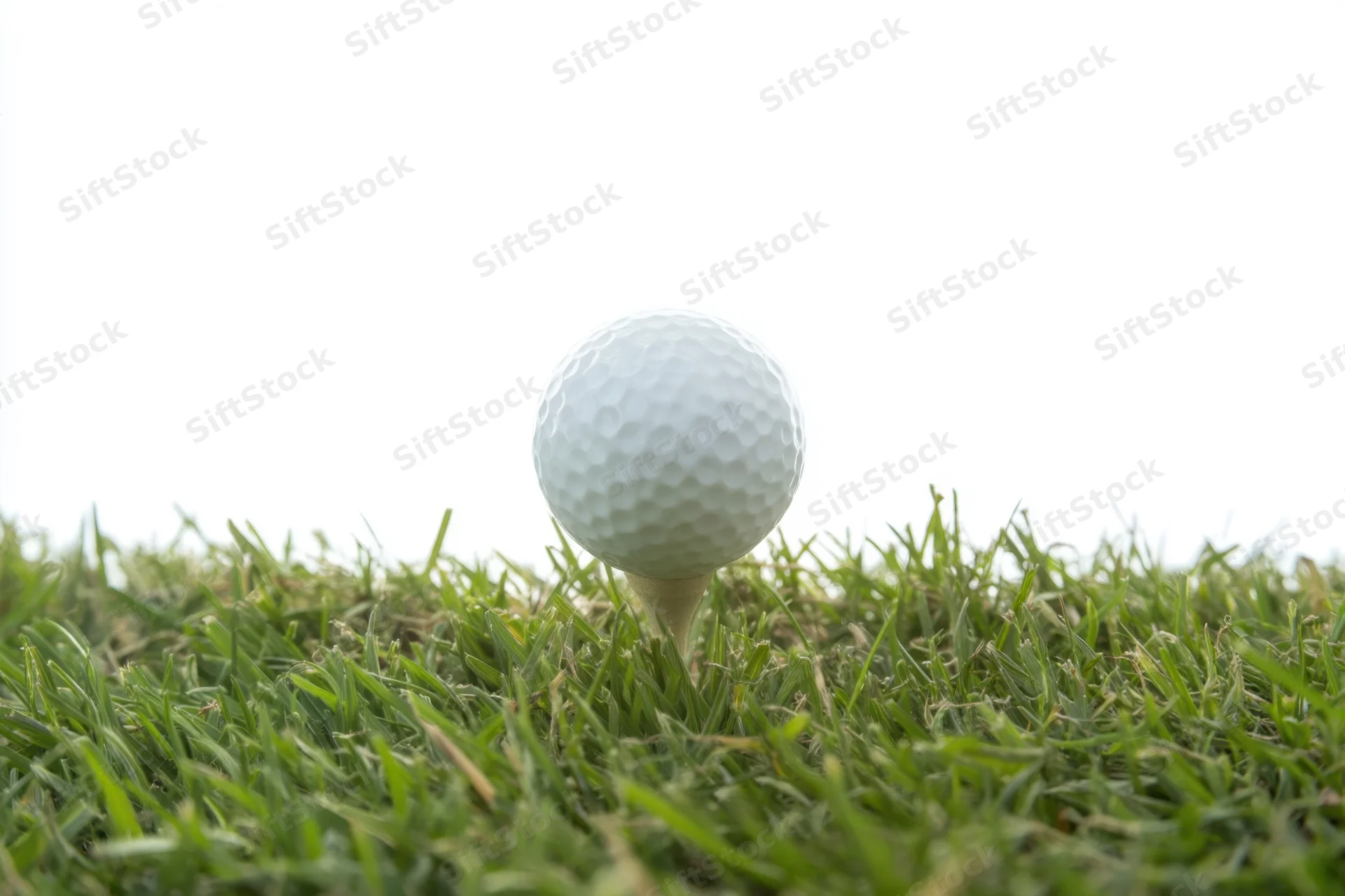 Golf ball on a tee in green grass on a golf course