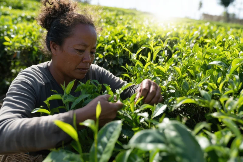 Woman picking tea leaves in a lush green tea field during daylight