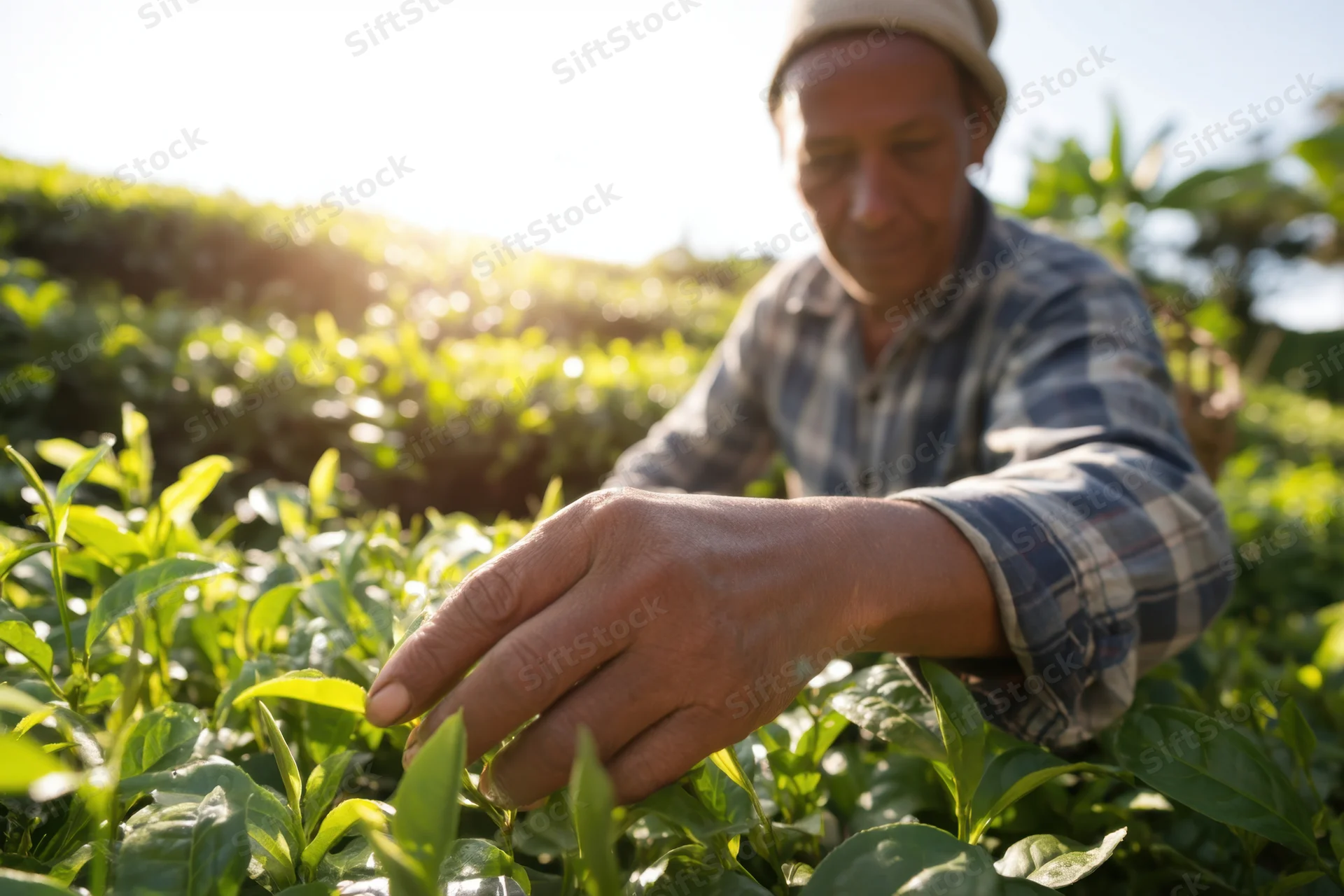 Man picking tea leaves in a lush green tea field during daylight