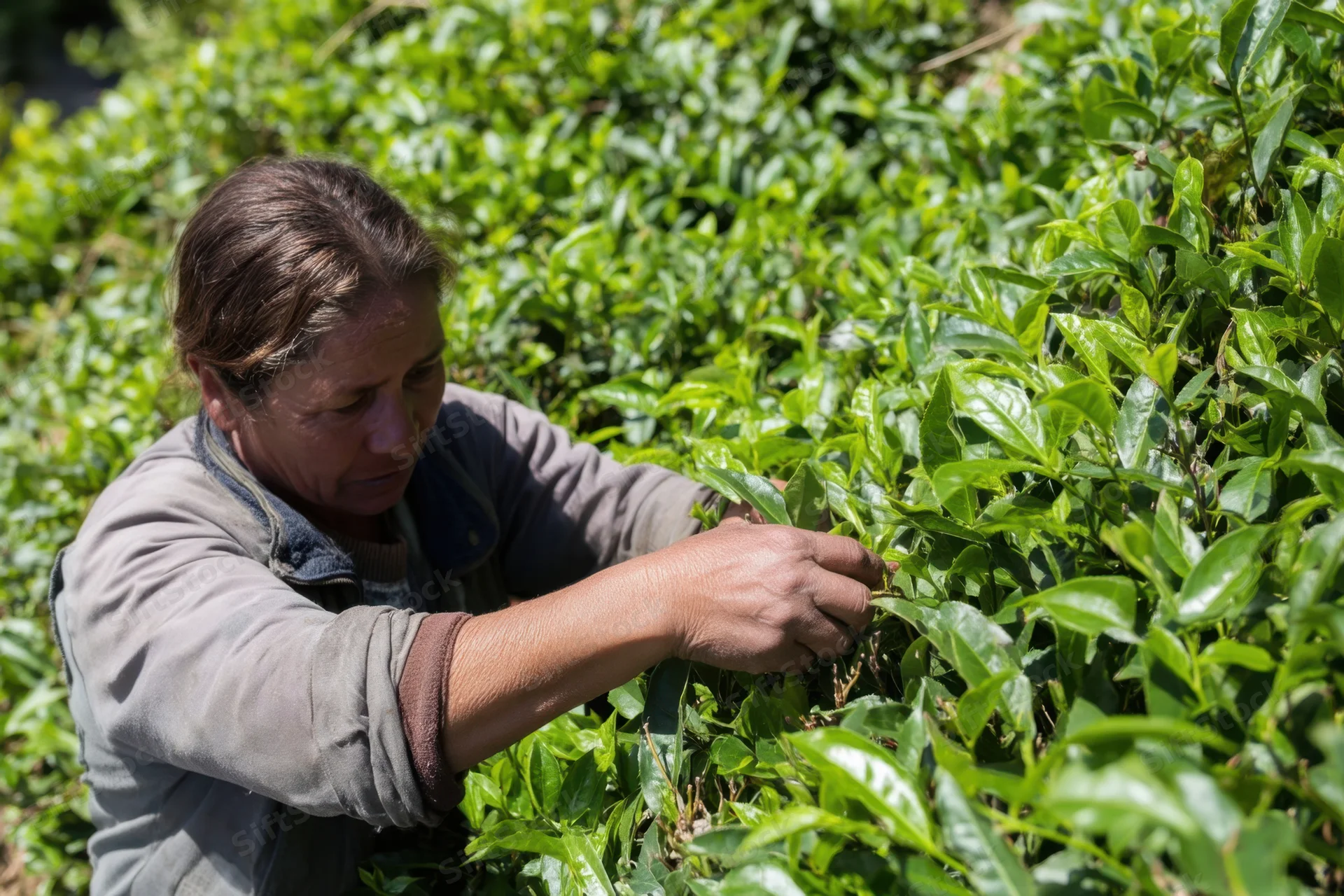 Woman picking tea leaves in a lush green tea field during daylight