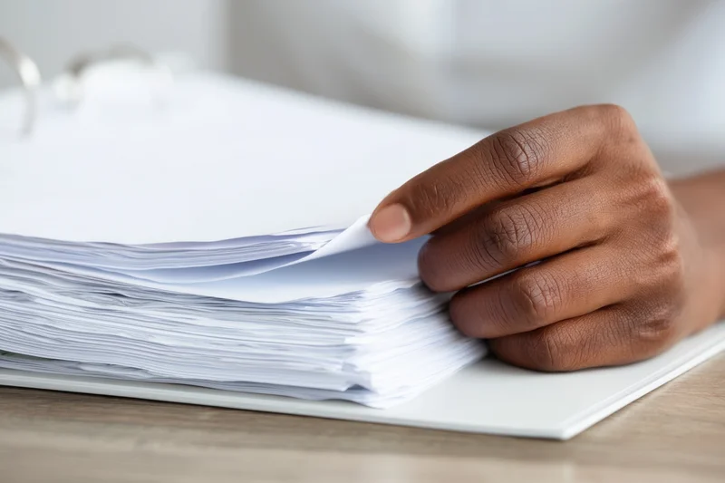 Hand flipping through pages of a binder on a wooden desk