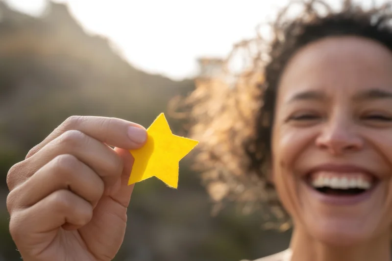 Woman laughing while holding a yellow paper star outdoors in sunlight