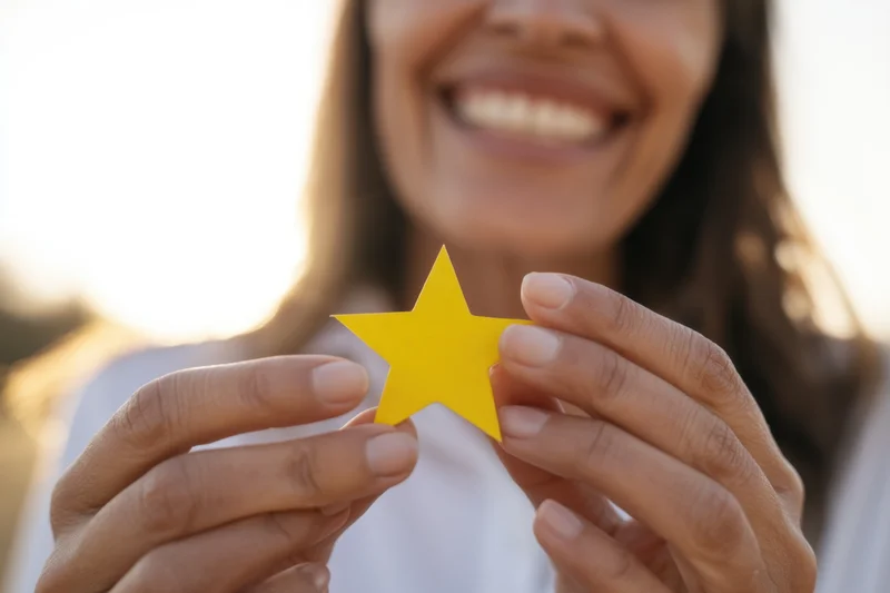 Smiling woman holding yellow paper star outdoors in sunlight