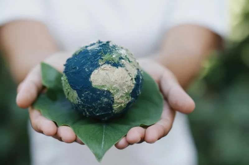 Child holding paper mache globe on a leaf in hands outdoors