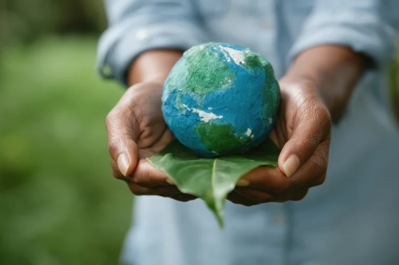 Person holding paper mache globe on leaf in garden