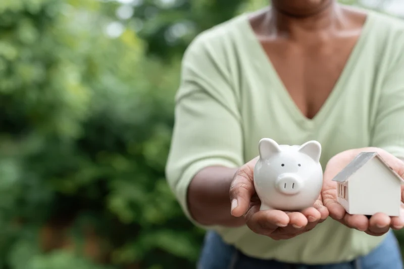 Woman holding a piggy bank and a small house model outdoors in a garden setting