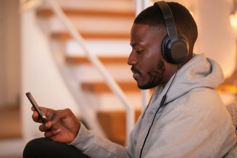 Man sitting at home listening to music on smartphone with headphones