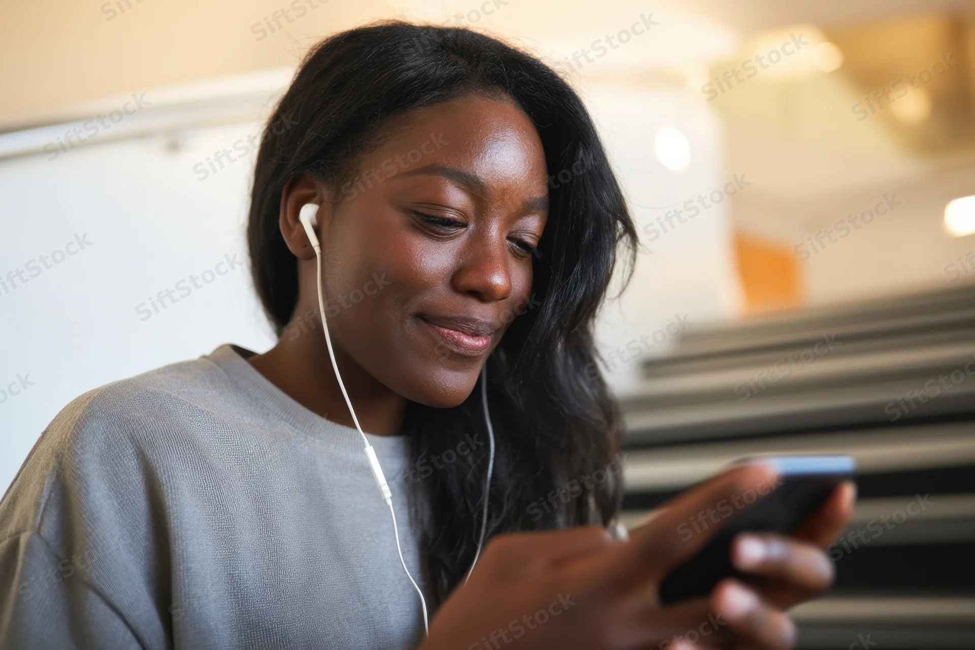 Young woman smiling while listening to music on smartphone indoors
