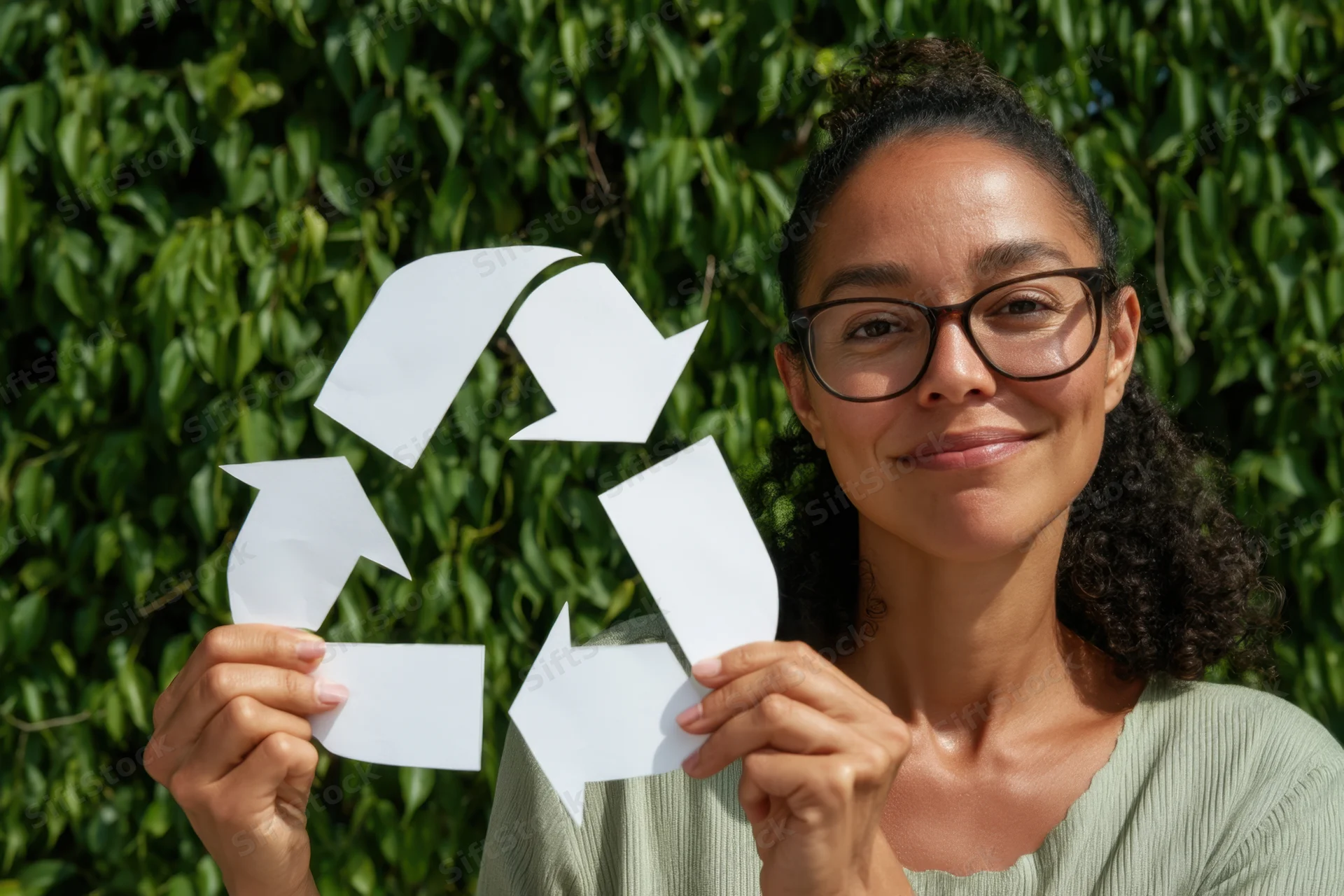 Woman holding white paper cutout of recycling symbol in front of green foliage background