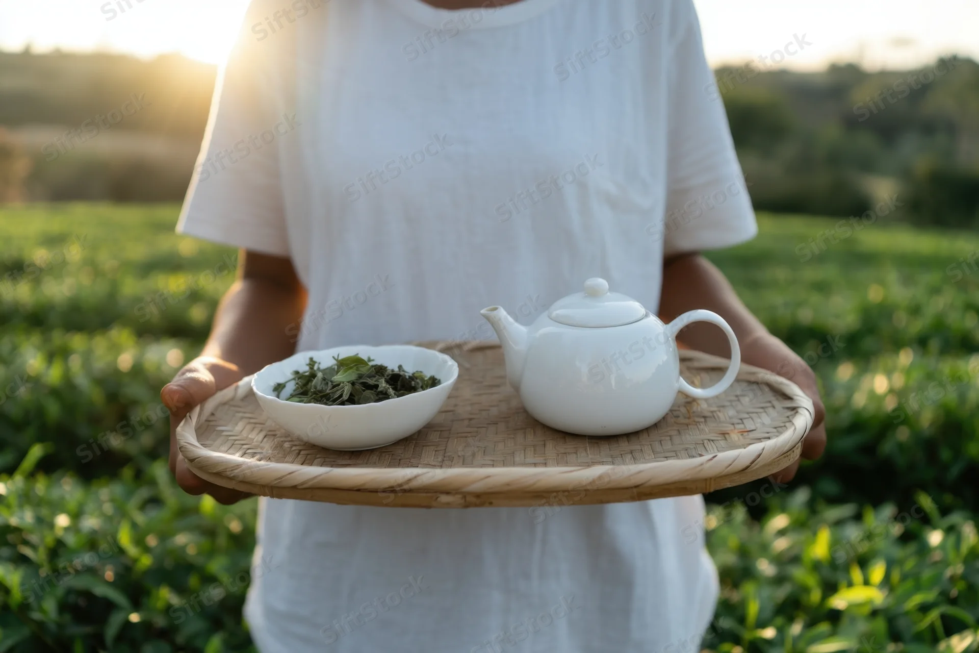Woman holding bamboo tray with tea leaves and teapot in tea field at sunset