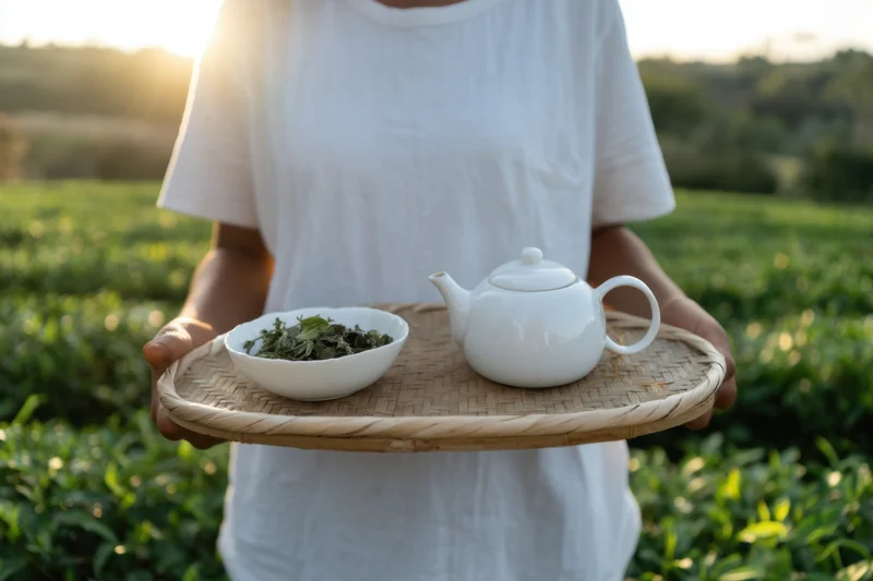 Woman holding bamboo tray with tea leaves and teapot in tea field at sunset