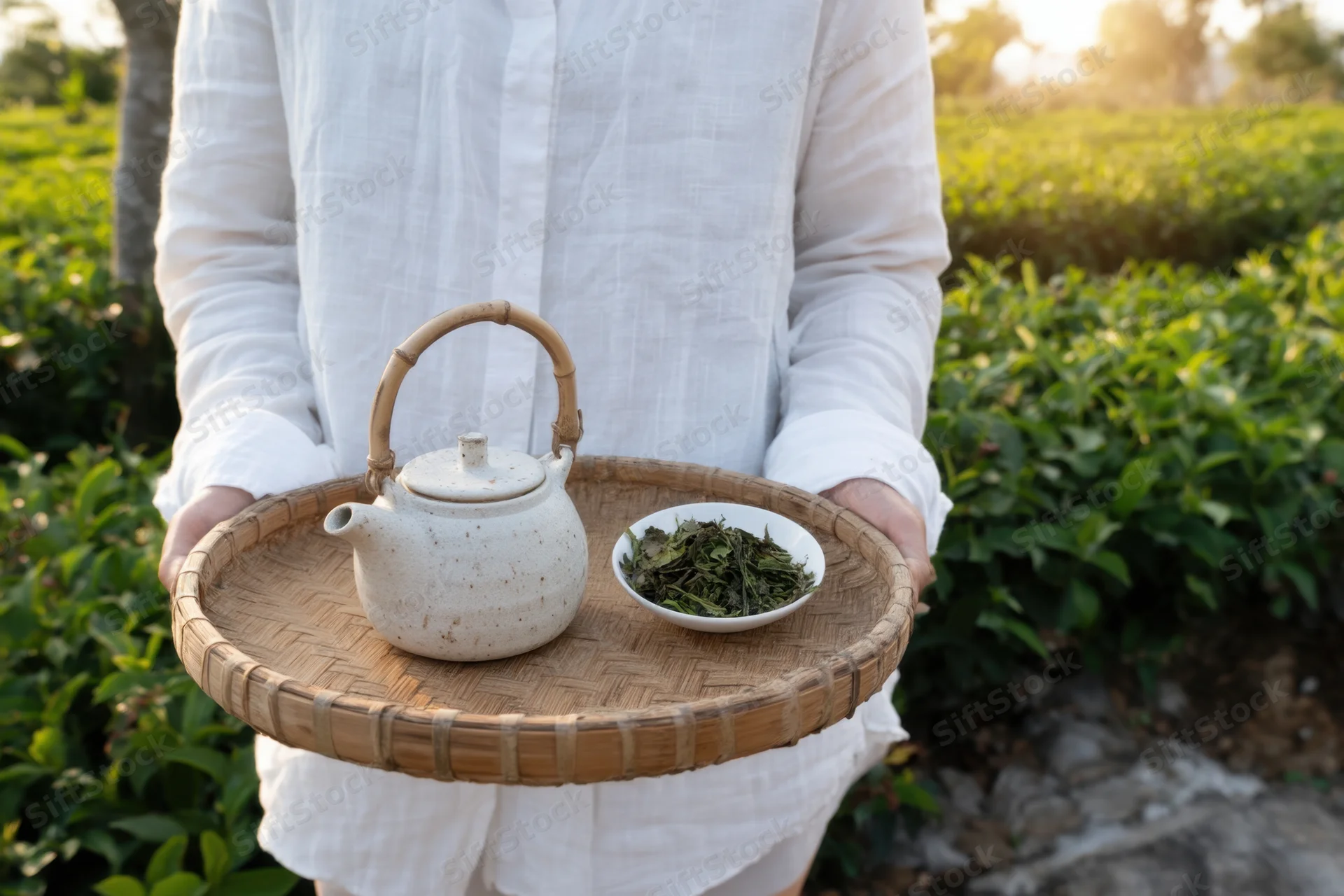 Woman holding bamboo tray with ceramic teapot and green tea leaves in tea field