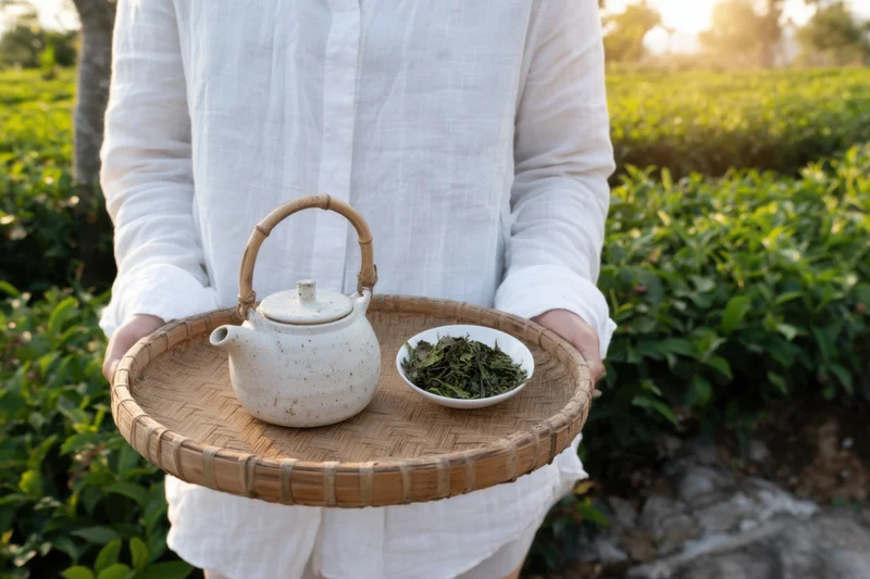 Woman holding bamboo tray with ceramic teapot and green tea leaves in tea field