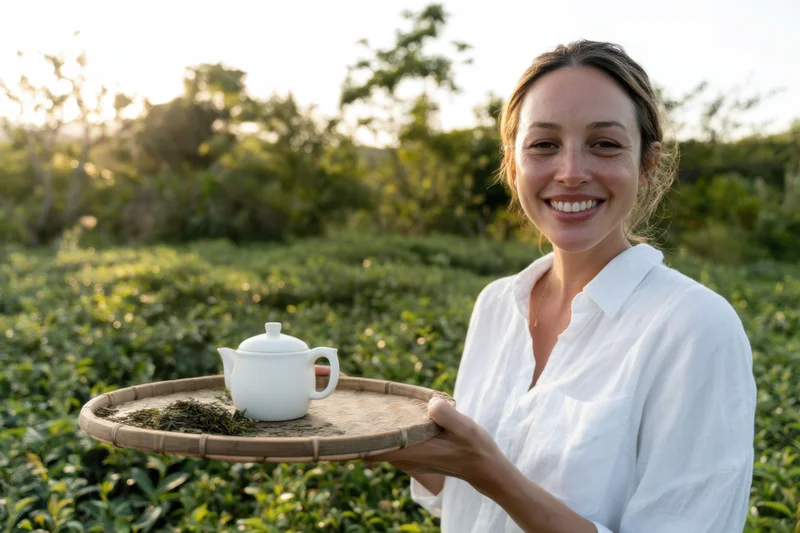 Smiling woman holding bamboo tray with tea leaves and white teapot in tea field