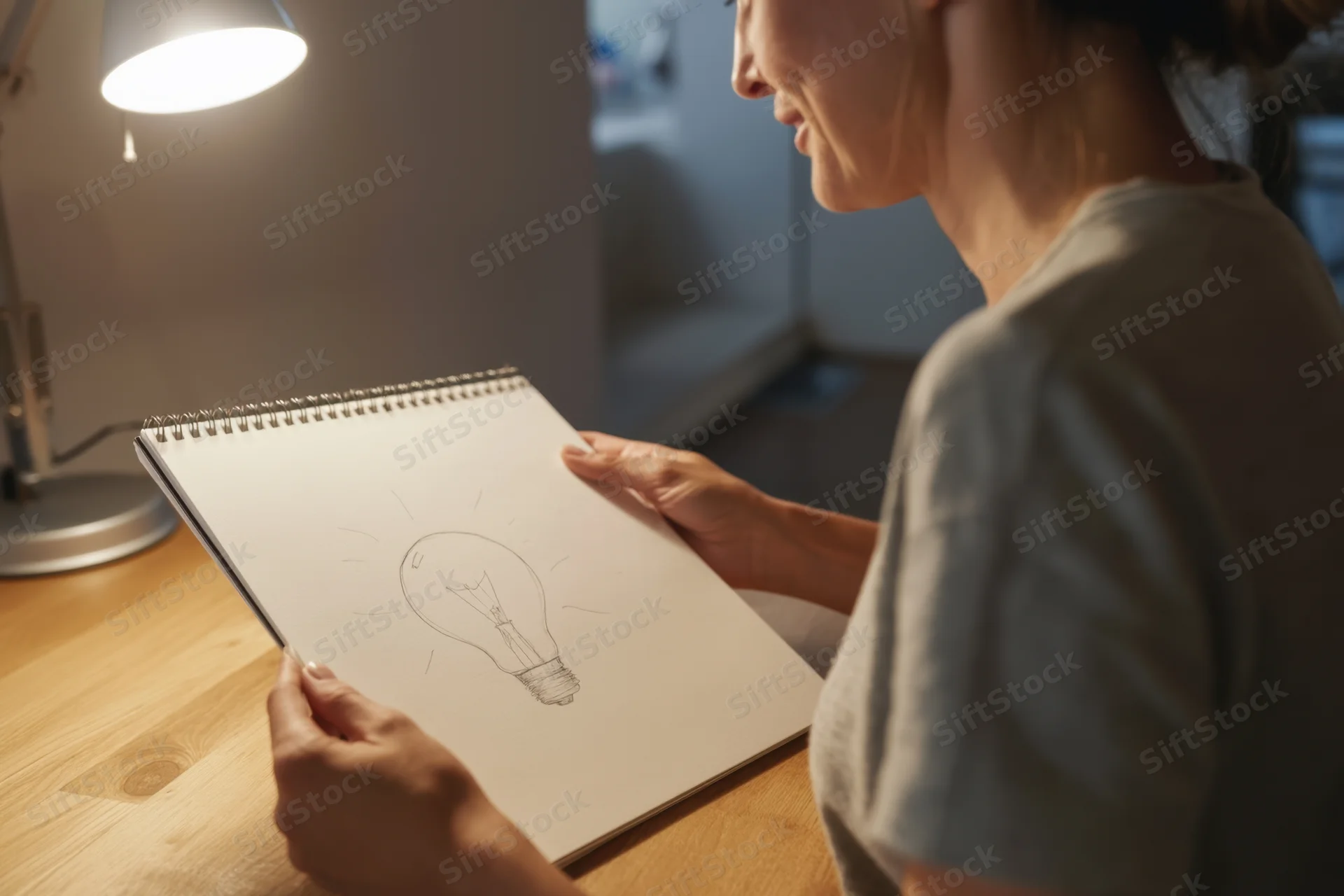 Woman sketching a lightbulb in a notebook at a wooden desk under warm lamp light