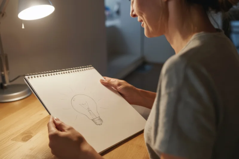 Woman sketching a lightbulb in a notebook at a wooden desk under warm lamp light