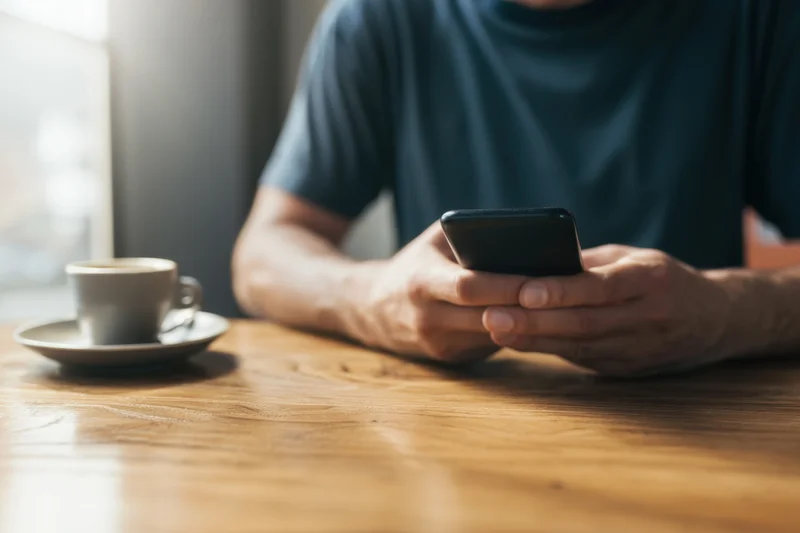 Man using smartphone at wooden table with coffee cup nearby