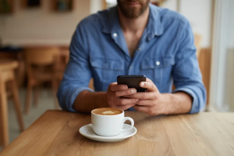 Man using smartphone at wooden table in cafe with coffee cup in foreground