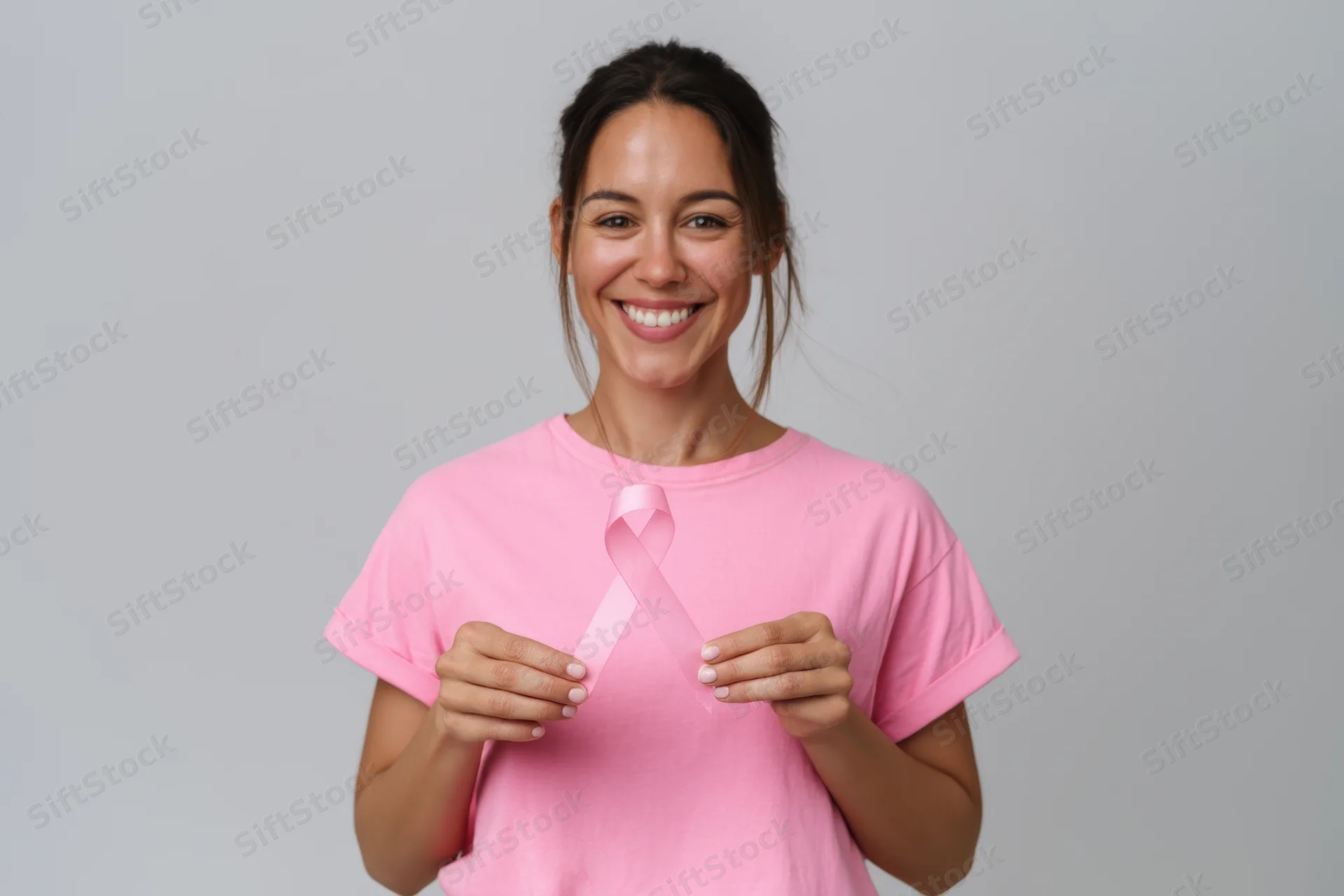 Woman smiling while holding pink ribbon in front of gray background