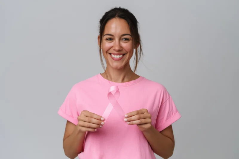 Woman smiling while holding pink ribbon in front of gray background
