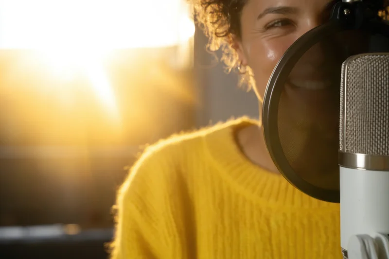 Woman smiling while recording voice into microphone in studio setting