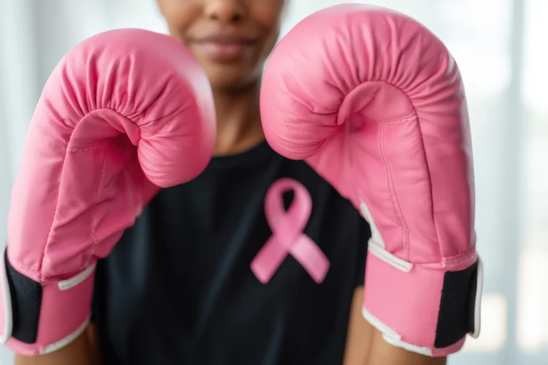 Woman wearing pink boxing gloves and black shirt with pink ribbon, smiling slightly with fists raised in front of her face
