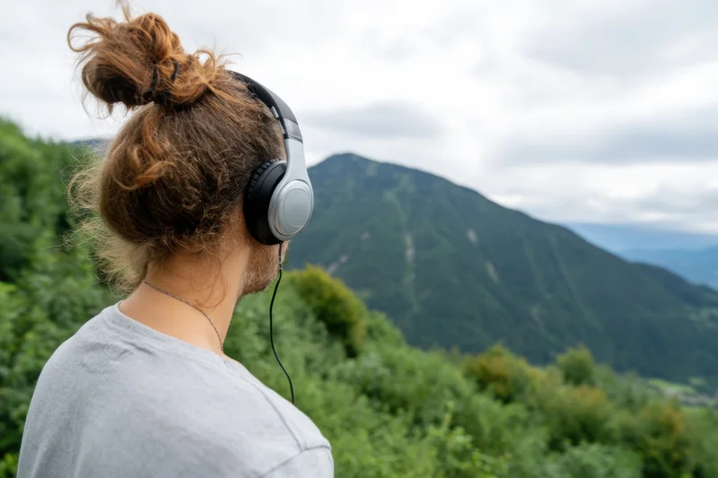 Man with headphones standing in a lush green mountain landscape