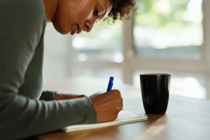 Woman writing in a notebook with a blue pen at a wooden table beside a black coffee mug in a sunlit indoor space
