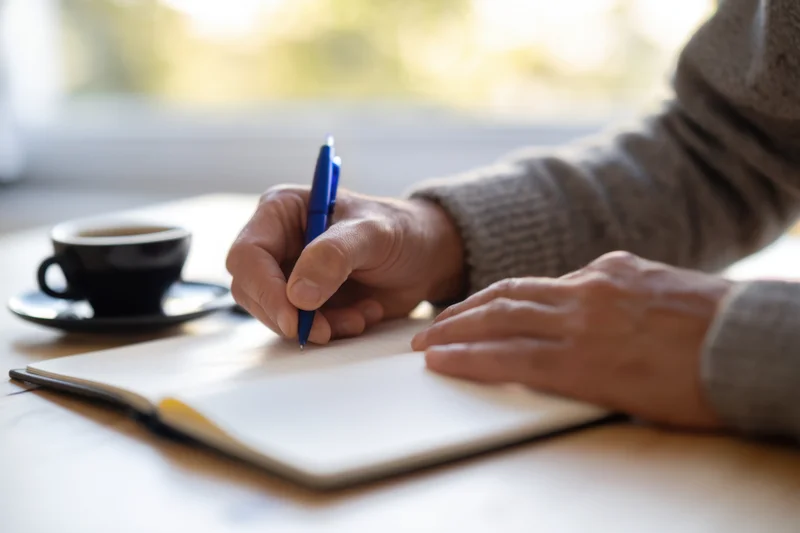 Person writing in notebook with blue pen beside coffee cup on wooden table