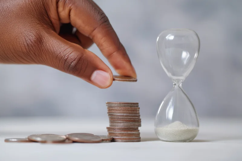 Hand placing coin on growing stack beside hourglass on white surface