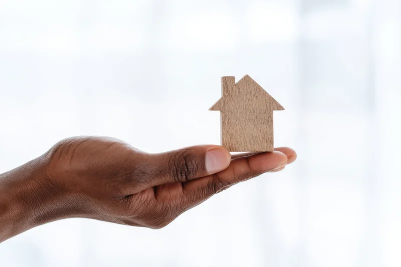 Hand holding small wooden house silhouette against bright background