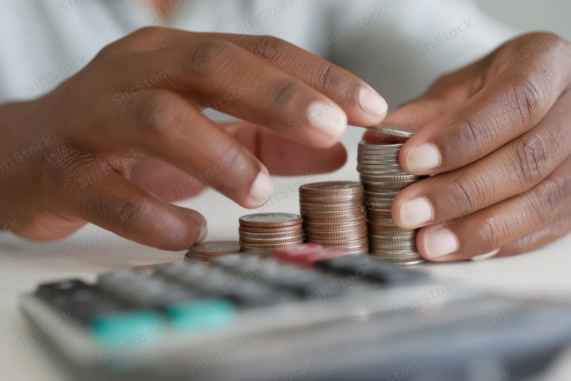 Hands stacking coins in increasing height next to a calculator on a table