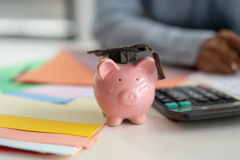 Pink piggy bank wearing graduation cap on desk with calculator and colorful folders nearby